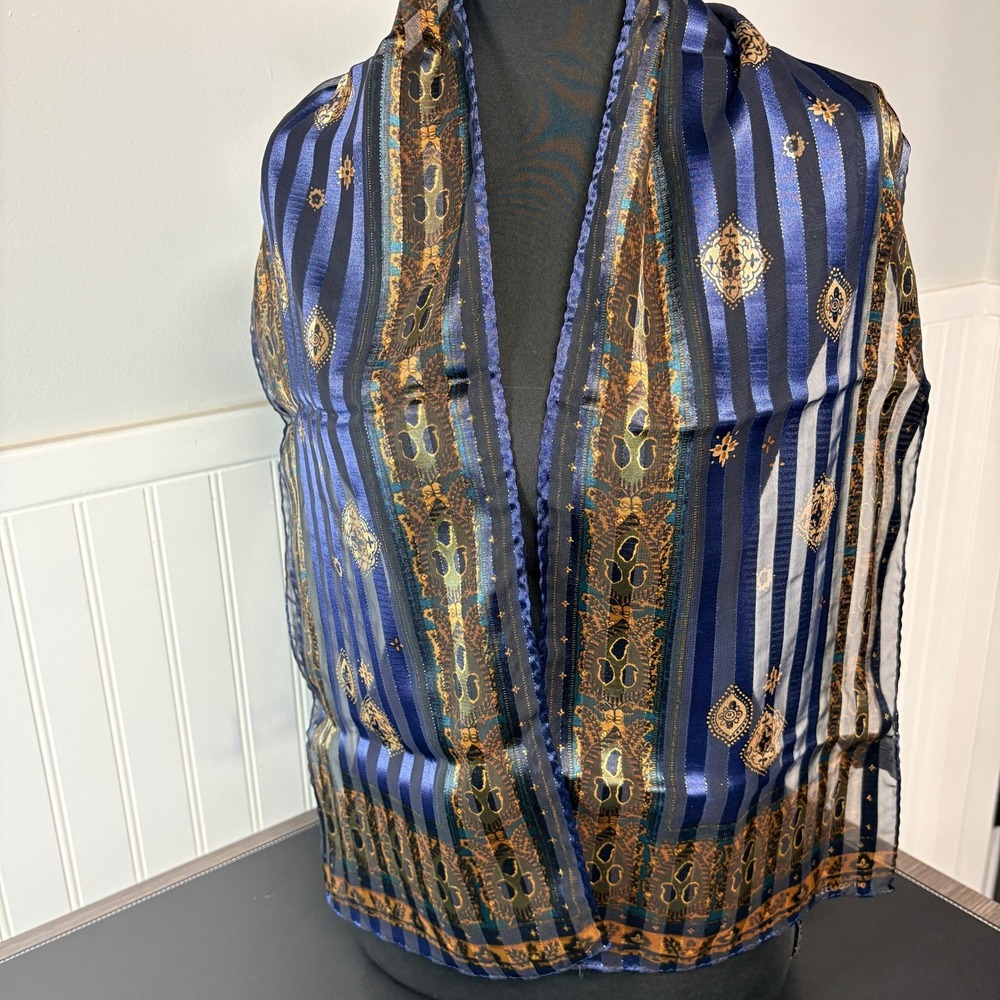 Liz Claiborne Scarf Navy Blue Gold Striped Paisley Sheer Metallic Rectangular